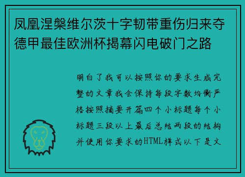 凤凰涅槃维尔茨十字韧带重伤归来夺德甲最佳欧洲杯揭幕闪电破门之路